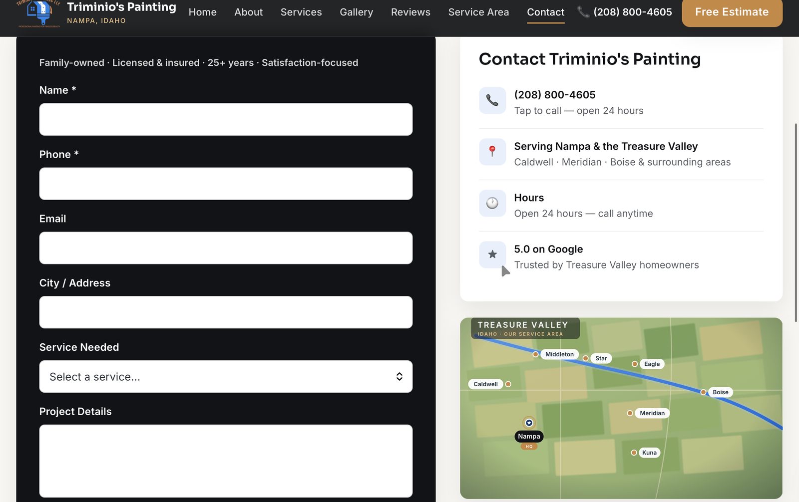 Contact page with service area map
