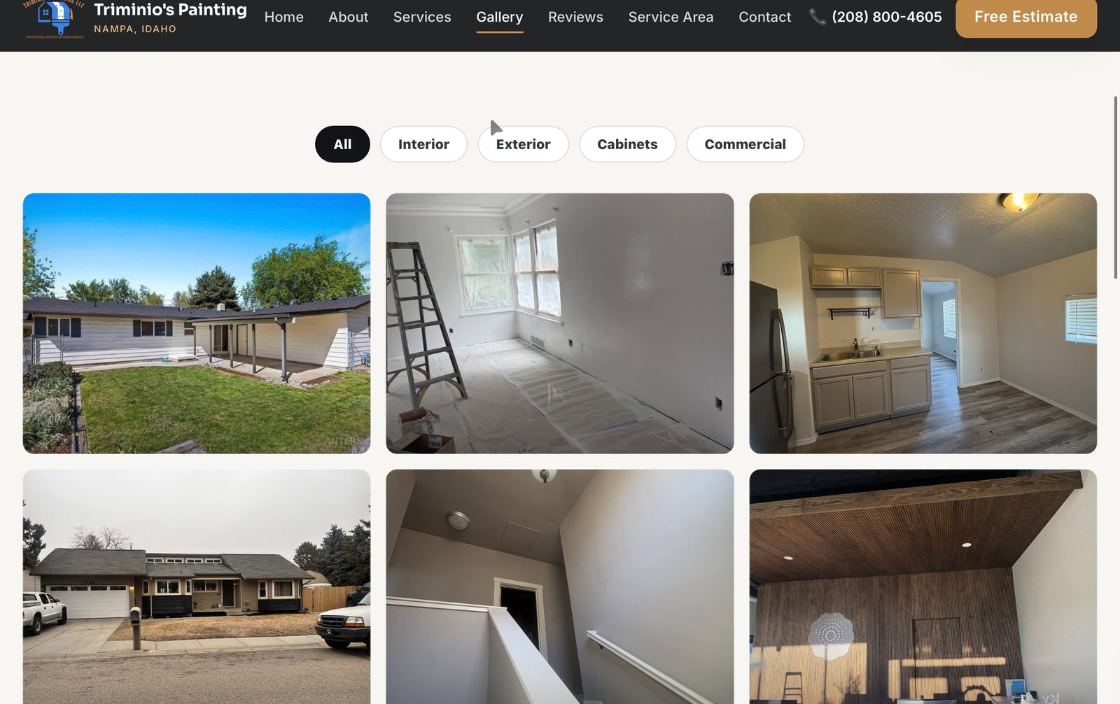 Filterable project gallery with interior, exterior, and cabinet work