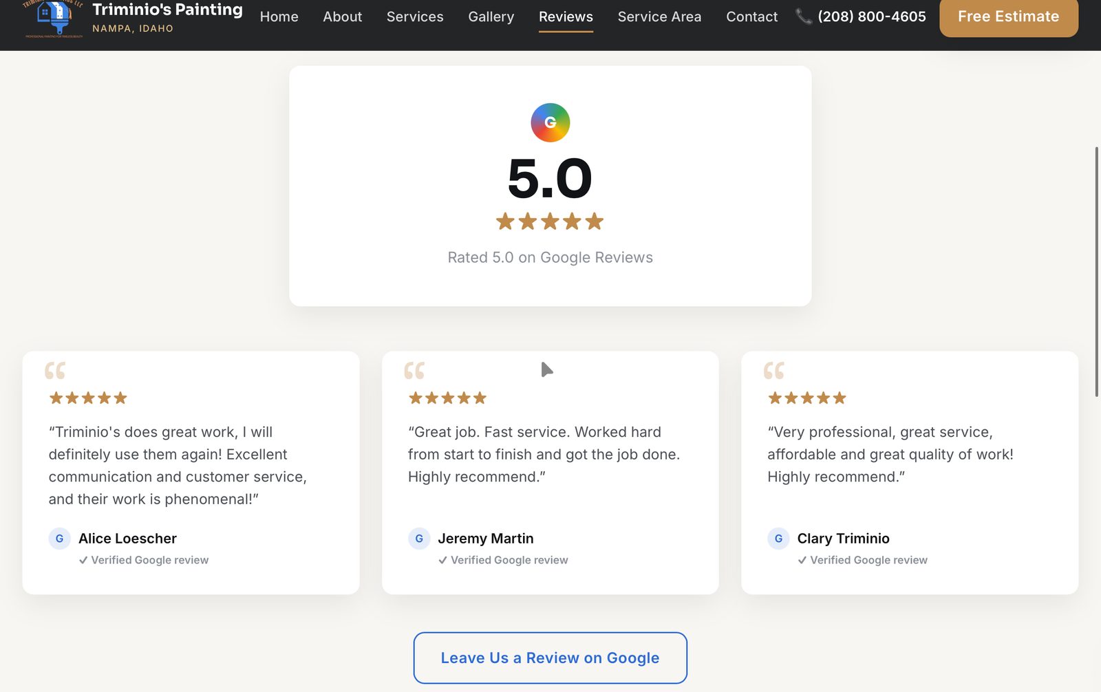 Google reviews section showing a 5.0 rating